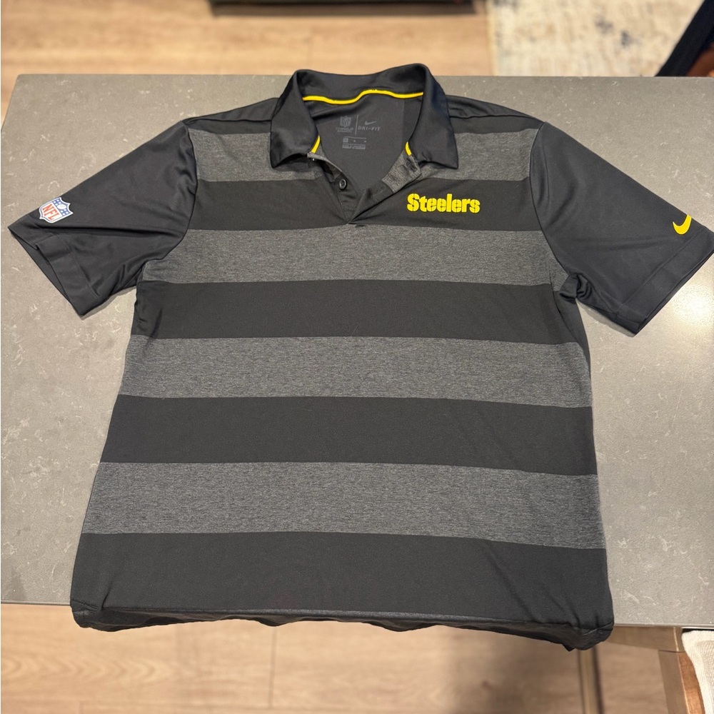 NFL Steelers Black and Gray Striped Polo with Yellow Accent